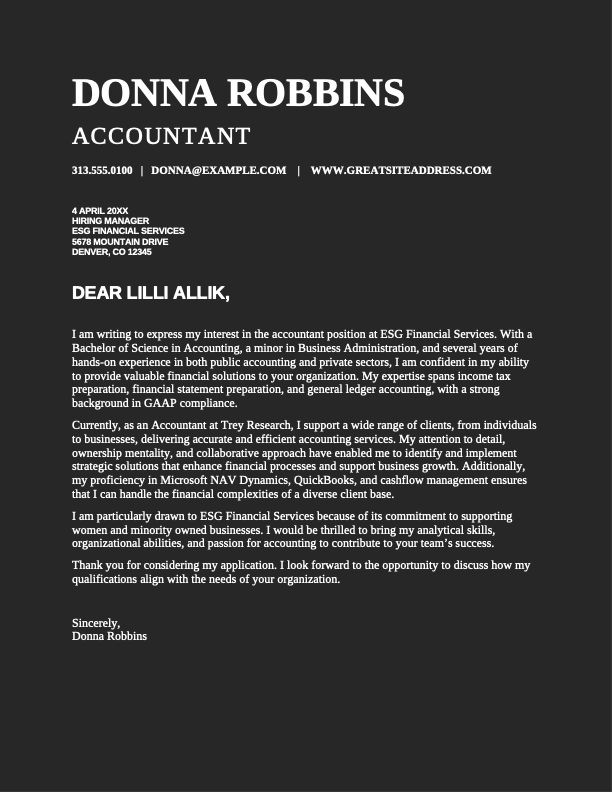 ATS finance cover letter